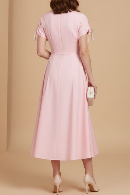 V-Neck Short Sleeve Midi Dress with Floral Applique