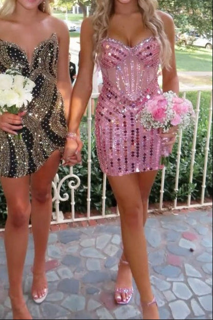 Sequin Strapless Corset Mini Dress Sweetheart Neckline