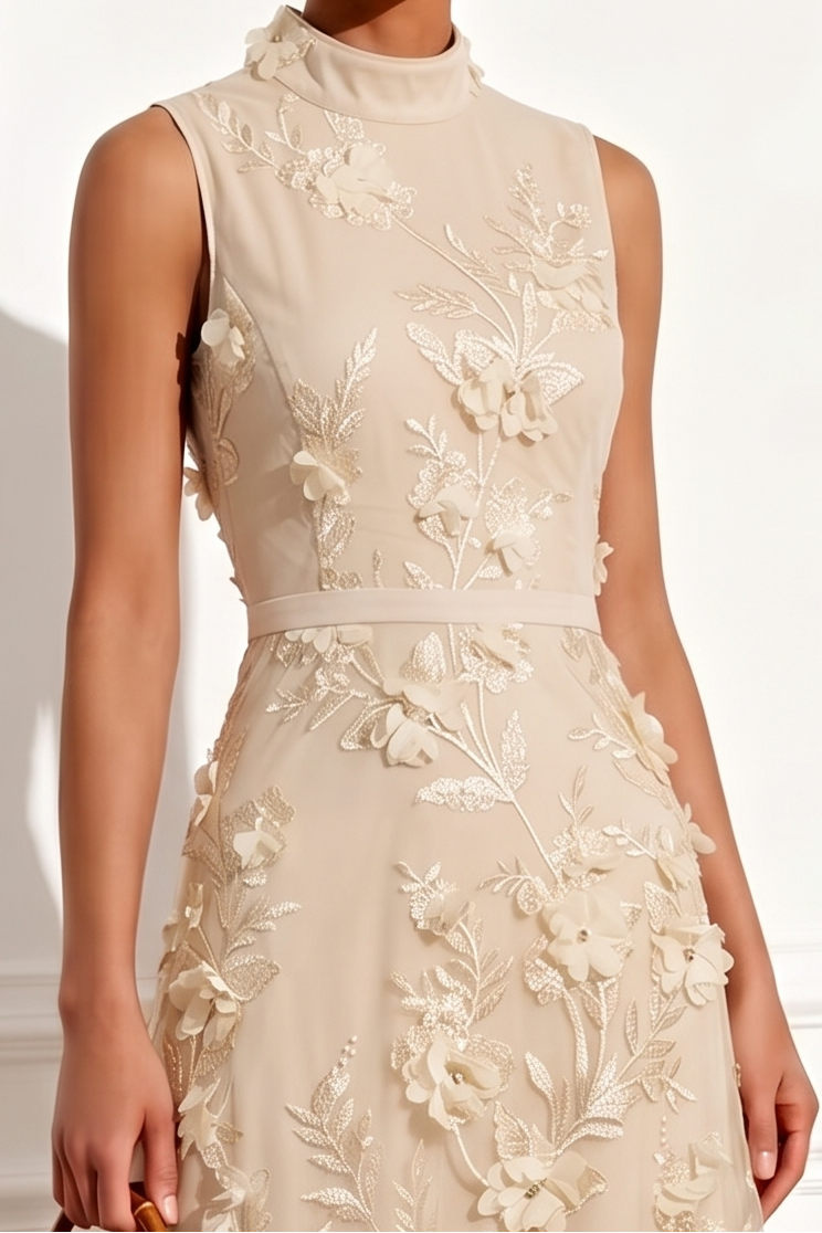 3D Floral Applique High Neck Midi Dress