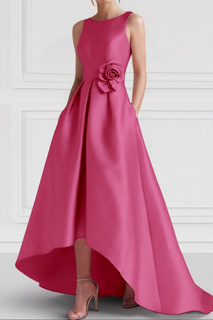 High-Low Satin Gown with Pockets and Waist Flower Detail