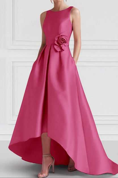 High-Low Satin Gown with Pockets and Waist Flower Detail