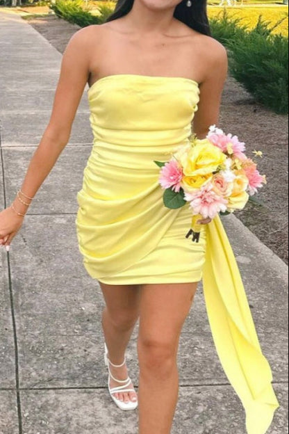 Strapless Ruched Satin Mini Dress with Side Drape