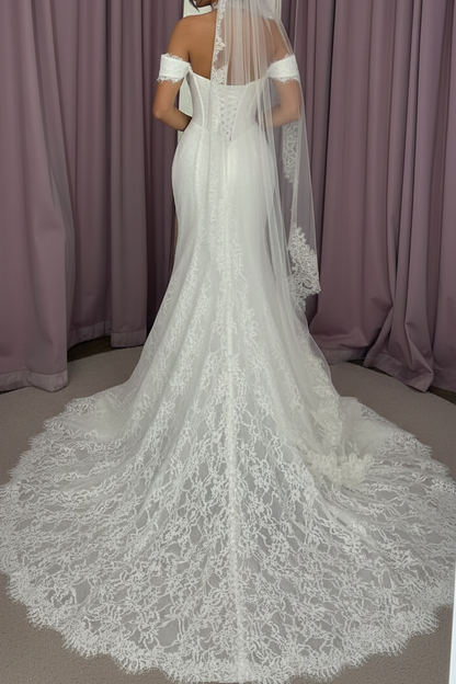 Off-Shoulder Lace Mermaid Wedding Gown with Pearl Corset