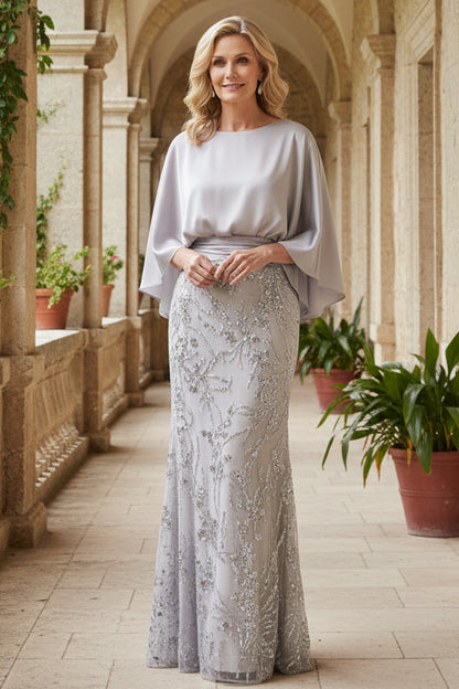 Batwing Sleeve Sequin Column Evening Gown