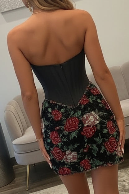 Strapless Corset Mini Dress with Beaded Floral Skirt