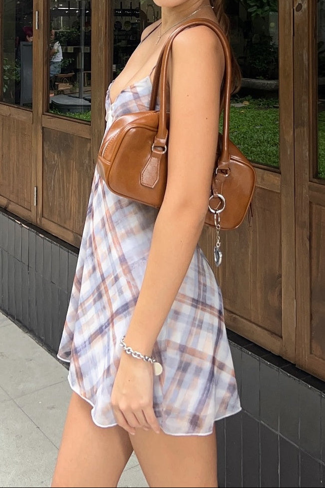 Plaid Print Lace Trim Mini Slip Dress