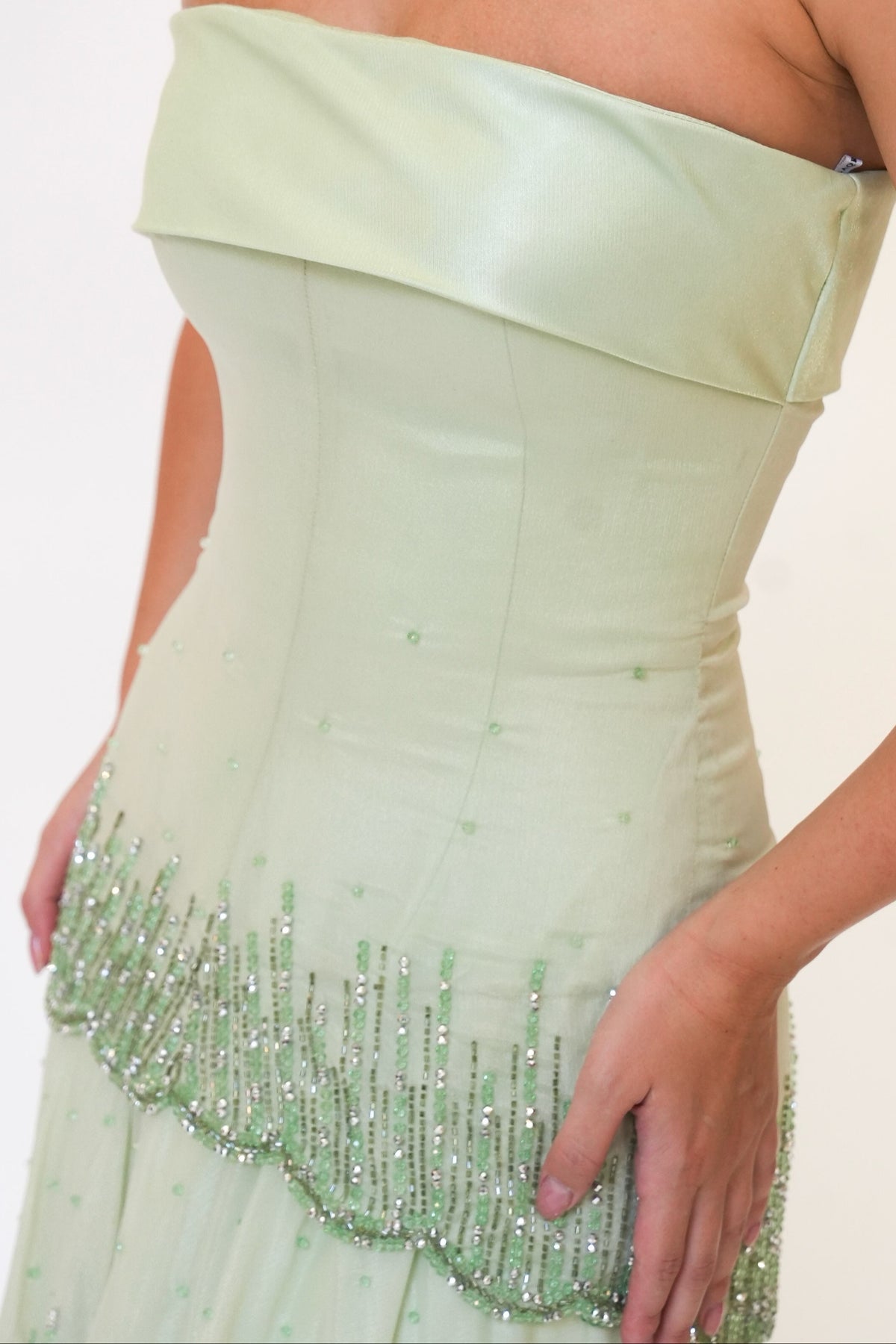 Strapless Tiered Beaded Evening Gown