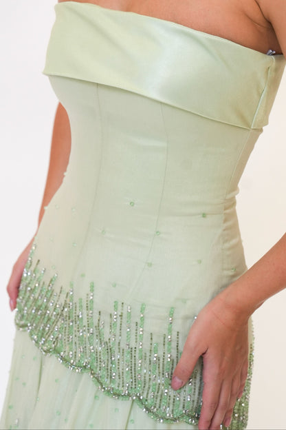 Strapless Tiered Beaded Evening Gown