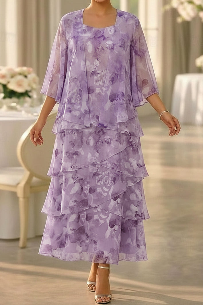 Floral Tiered Ankle-Length Dress with Chiffon Jacket