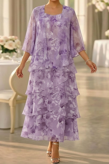 Floral Tiered Ankle-Length Dress with Chiffon Jacket