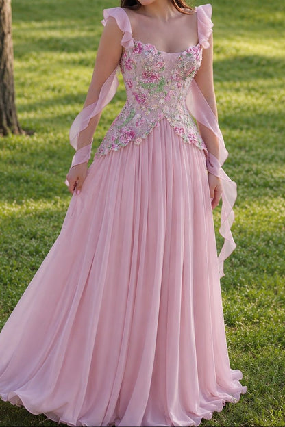 Floral Embroidered Corset Chiffon Evening Gown