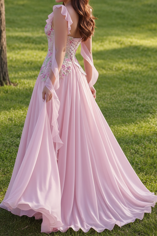Floral Embroidered Corset Chiffon Evening Gown