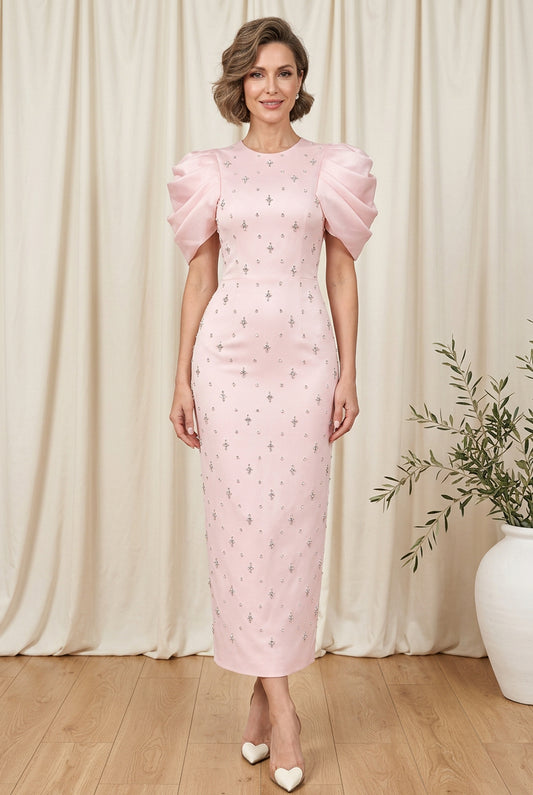 Embellished Puff Sleeve Column Midi Dress