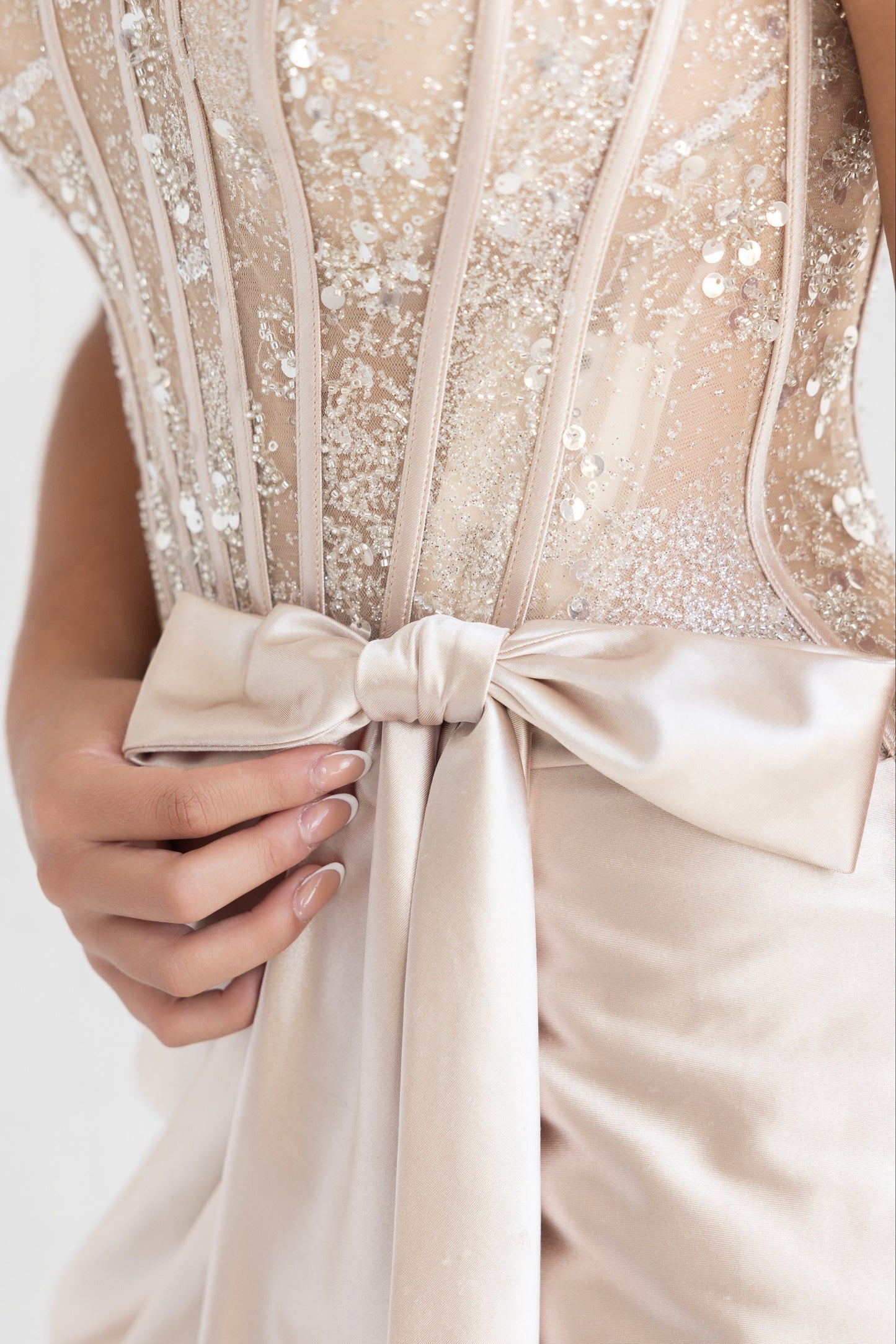 Corset Sequin Bodice Mini Dress with Satin Wrap Skirt