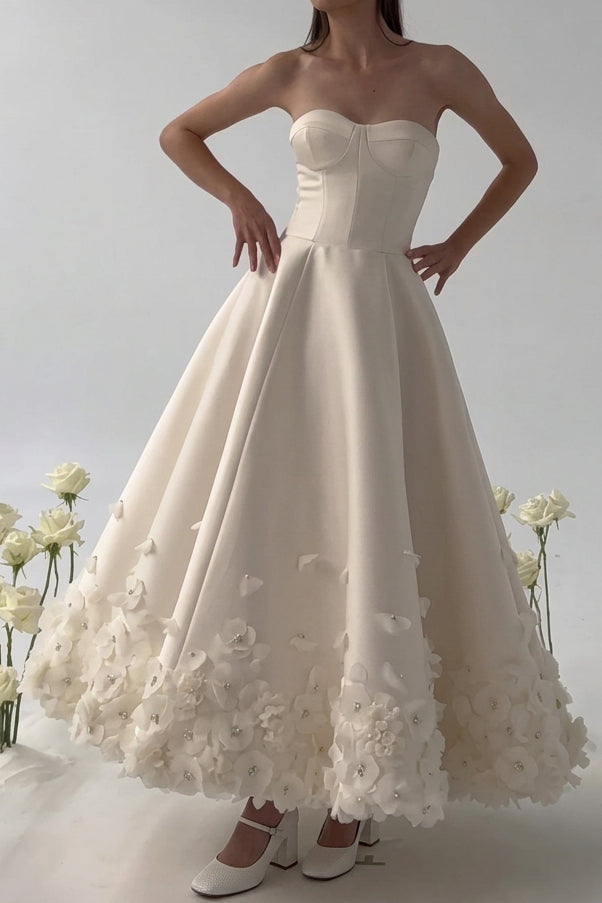 Off-Shoulder 3D Floral Ankle-Length Wedding Dress