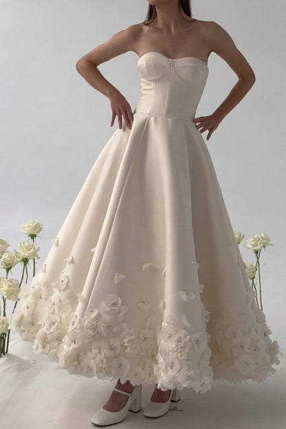 Off-Shoulder 3D Floral Ankle-Length Wedding Dress