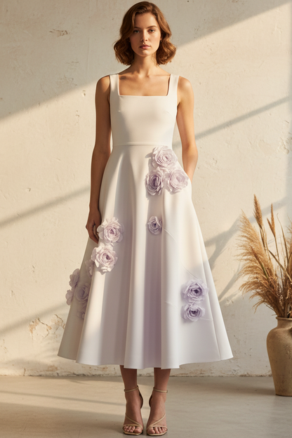 Square Neck A-Line Midi Dress with 3D Flowers