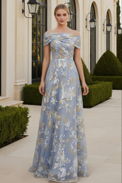 Off-the-Shoulder Floral Metallic A-Line Gown