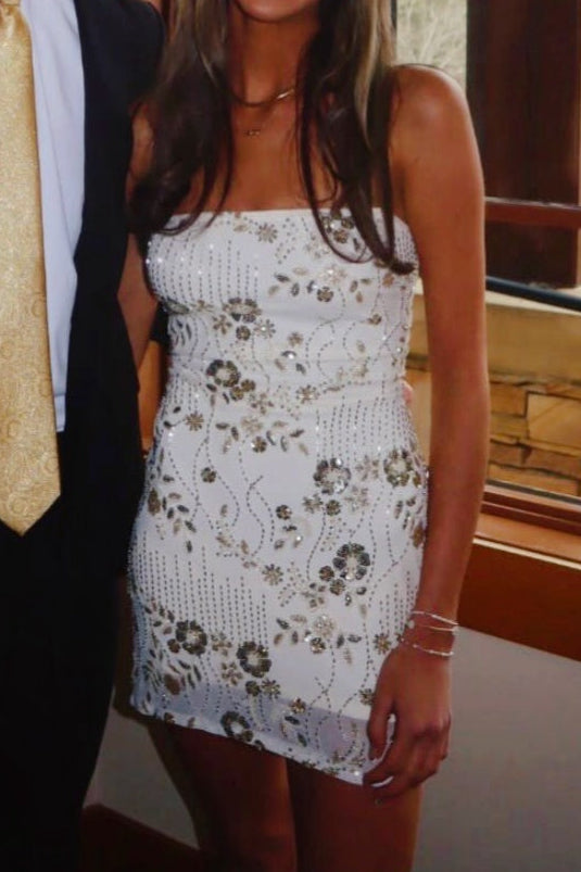 Strapless Beaded Mini Dress with Matching Neck Scarf
