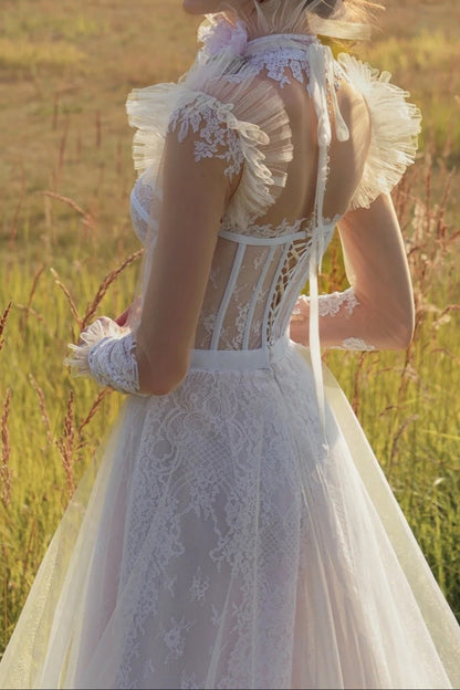 Corset Wedding Dress with Illusion Neck & Ruffled Sleeves