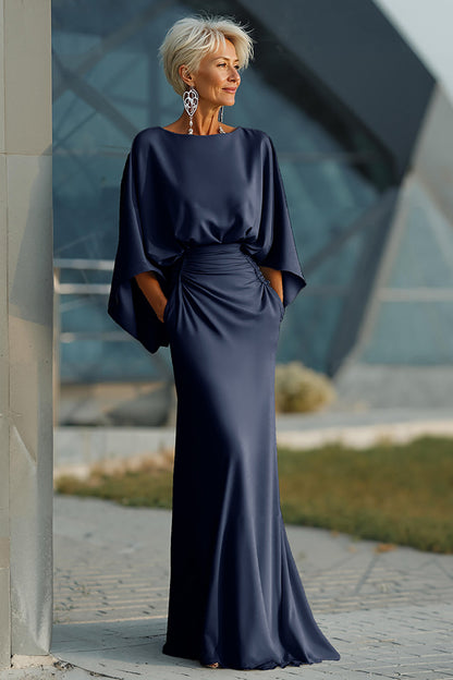 Elegant Ruched Evening Gown with Cape Sleeves