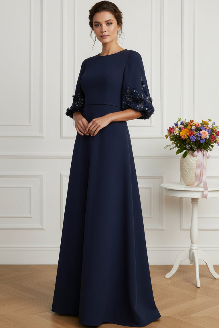 A-Line Crepe Gown with Embellished Elbow Sleeves