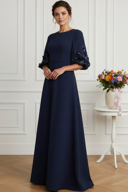 A-Line Crepe Gown with Embellished Elbow Sleeves