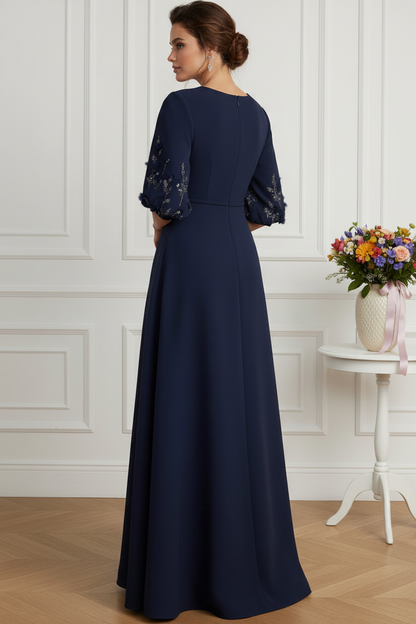 A-Line Crepe Gown with Embellished Elbow Sleeves