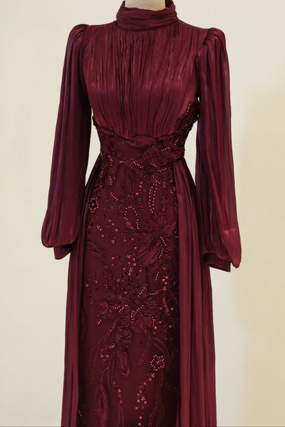 Long-Sleeve High-Neck Evening Gown with Floral Beaded Skirt