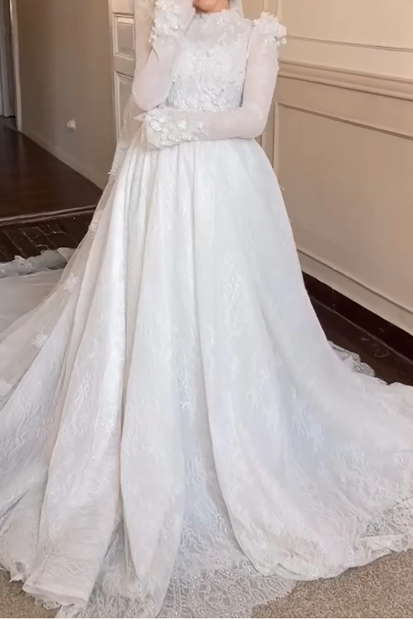 Long Sleeve Floral Applique Bridal Gown
