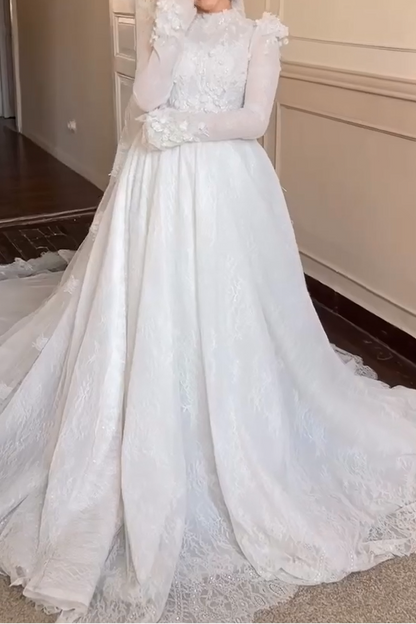 Long Sleeve Floral Applique Bridal Gown