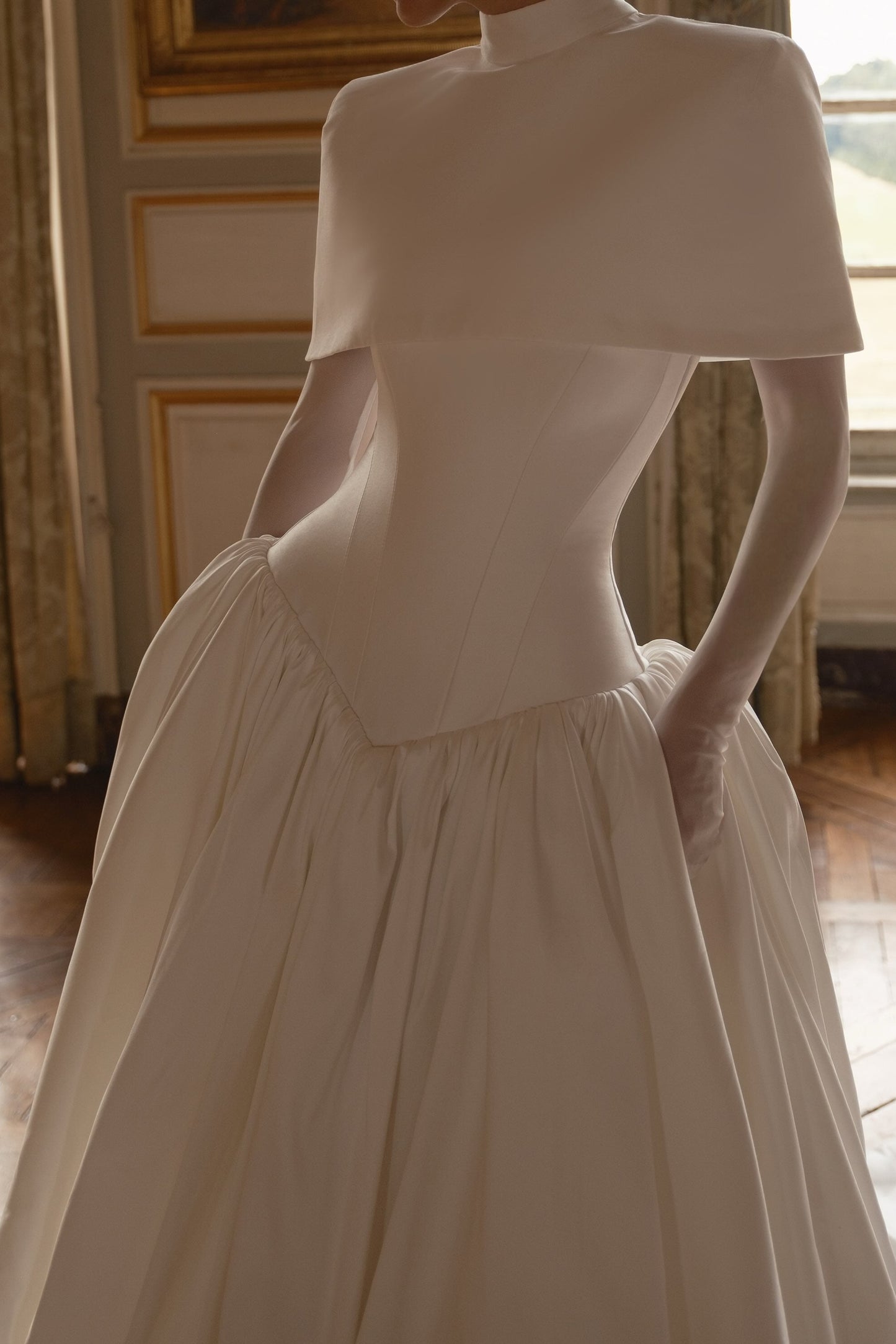 High-Neck Cape Corset Ball Gown Wedding Dress