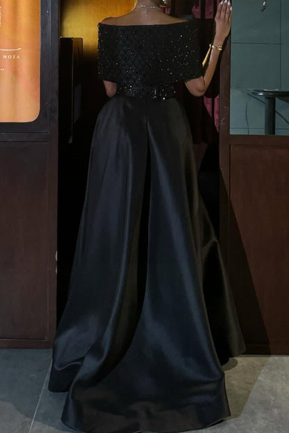 Beaded Bodice A-Line Evening Gown with Cape Overlay