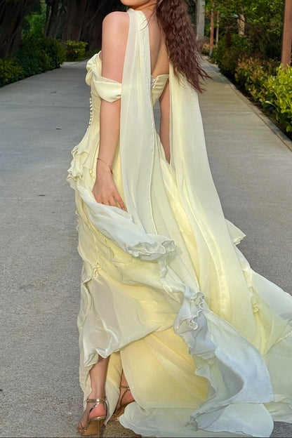 Off-the-Shoulder Tiered Chiffon Evening Gown