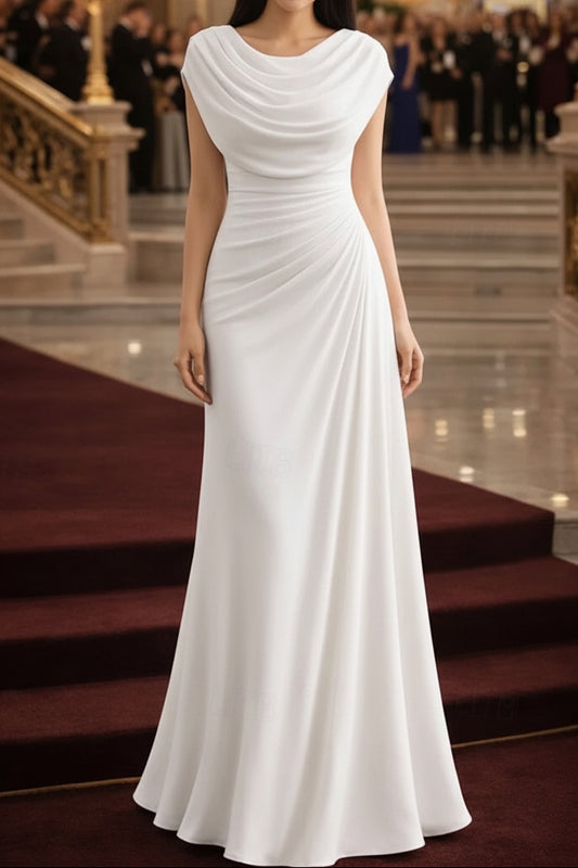 Cowl Neck Pleated Sheath Evening Gown