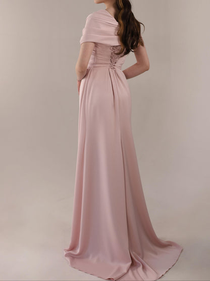Off-the-Shoulder Satin Gown with Lace-Up Back