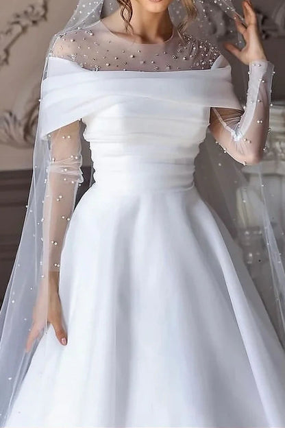 Pearl Illusion Off-the-Shoulder Satin Wedding Dress