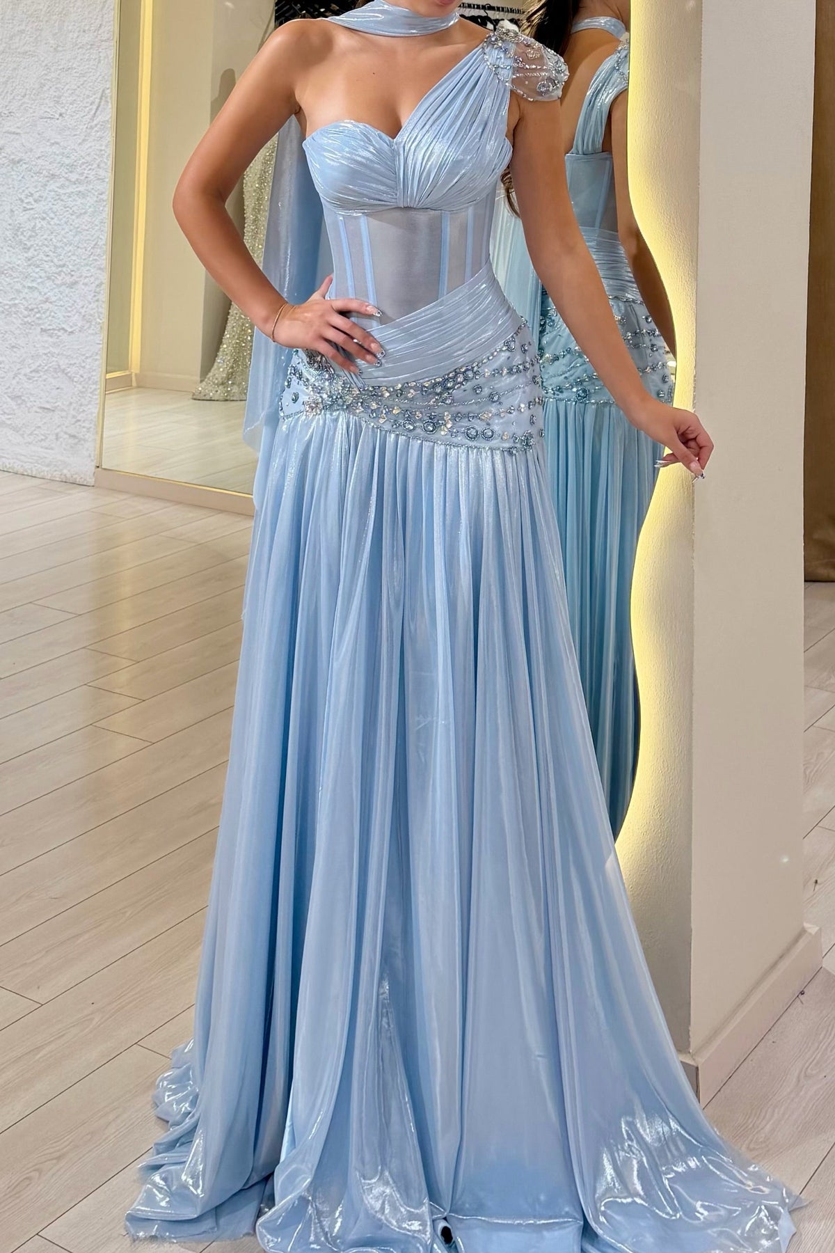 One-Shoulder Corset Gown with Beaded Waist