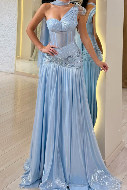 One-Shoulder Corset Gown with Beaded Waist