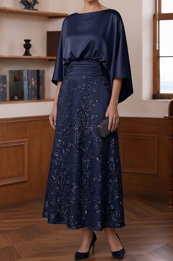 Batwing Sleeve A-Line Dress with Sequin Skirt
