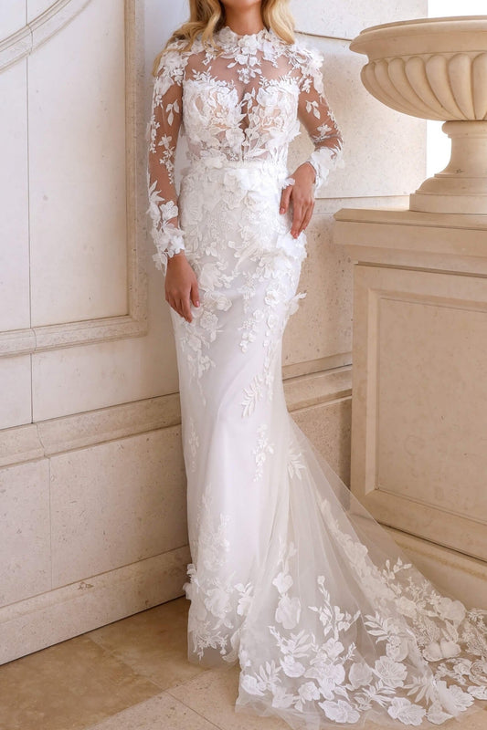 Illusion Long Sleeve Floral Lace Mermaid Wedding Gown