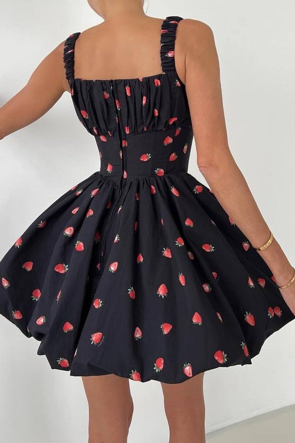 Strawberry Print Bubble Skirt Mini Dress, Square Neck