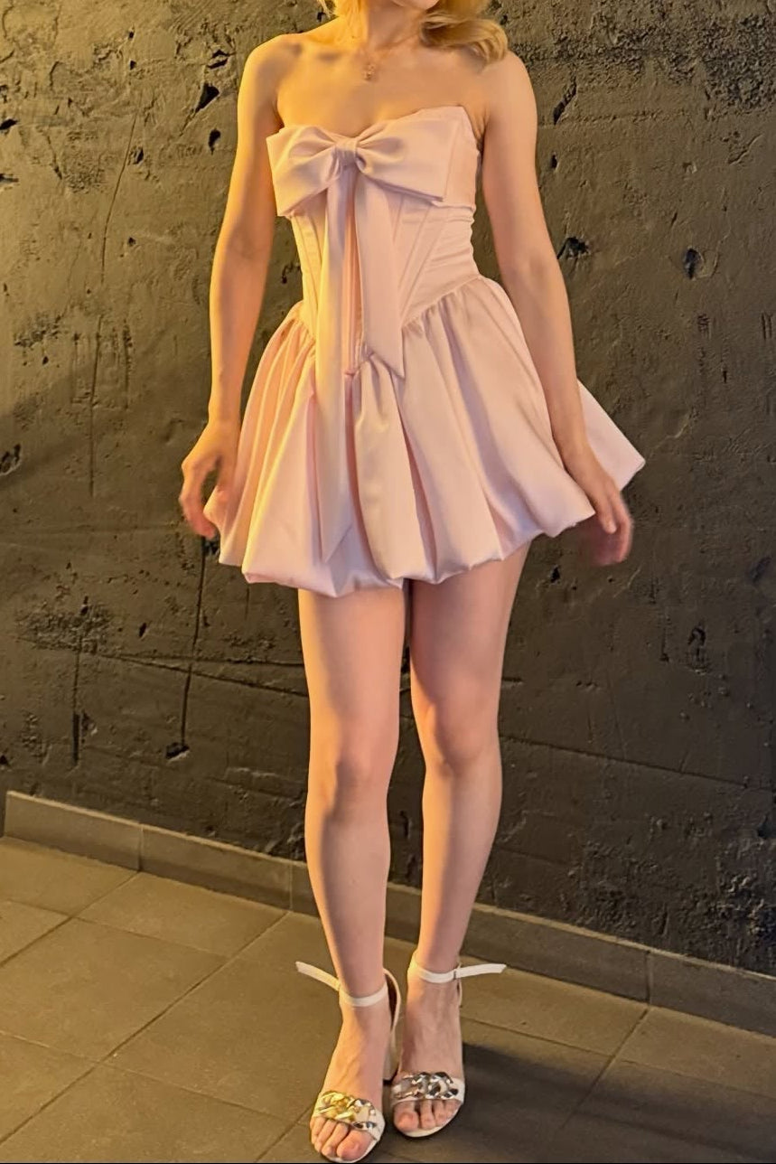 Strapless Corset Satin Mini Dress with Front Bow