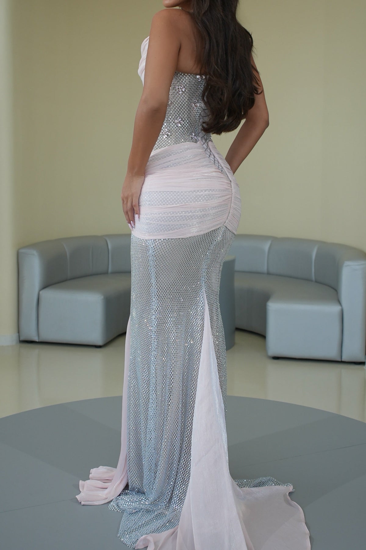 Strapless Embellished Gown with Draped Sash