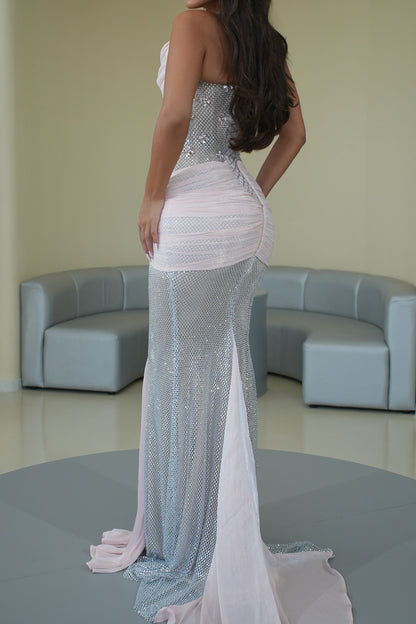 Strapless Embellished Gown with Draped Sash