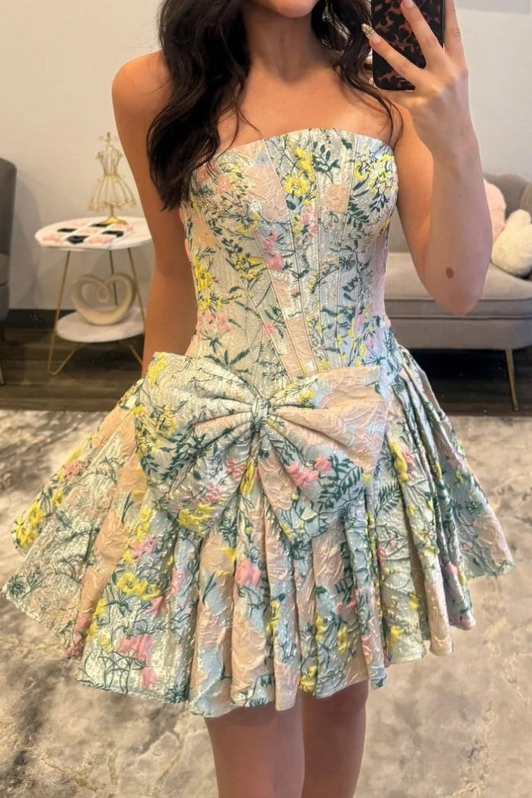 Strapless Floral Jacquard Corset Mini Dress with Bow