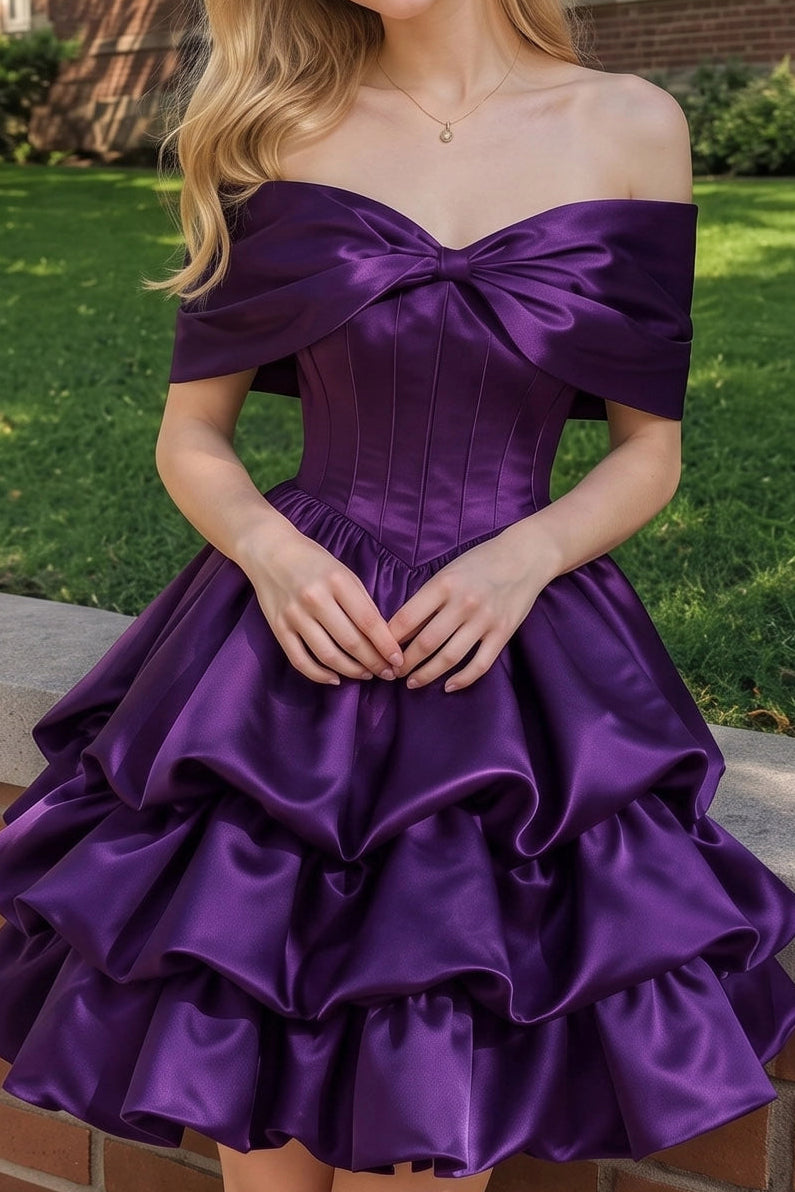 Off-the-Shoulder Bow Corset Tiered Mini Dress