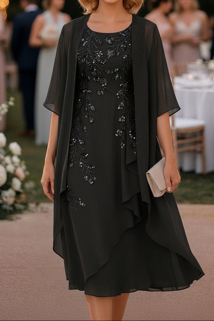 Sequin Embroidered Chiffon Dress with Cape Jacket Set
