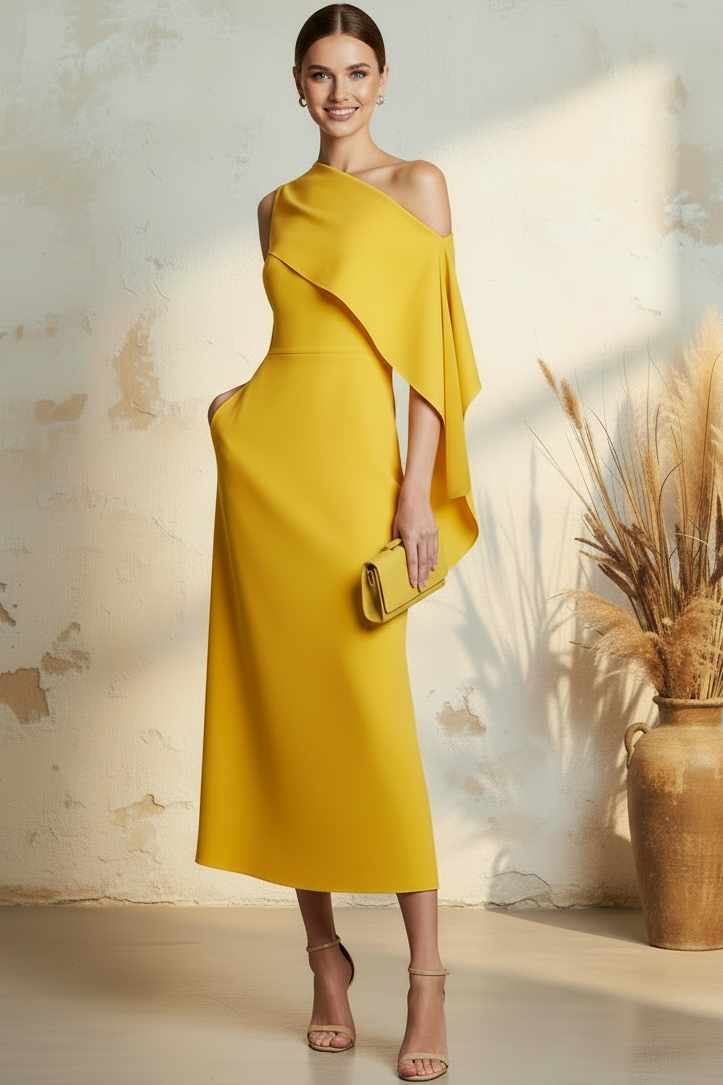 One-Shoulder Cape Midi Dress with Pockets