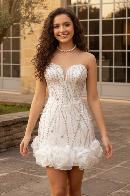 Strapless Sequin Mini Dress with 3D Floral Hem